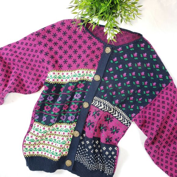 Vtg Bonnie Noble SIZE S / M Abstract Cozy Grandma Floral Button Down Sweater - Picture 10 of 10